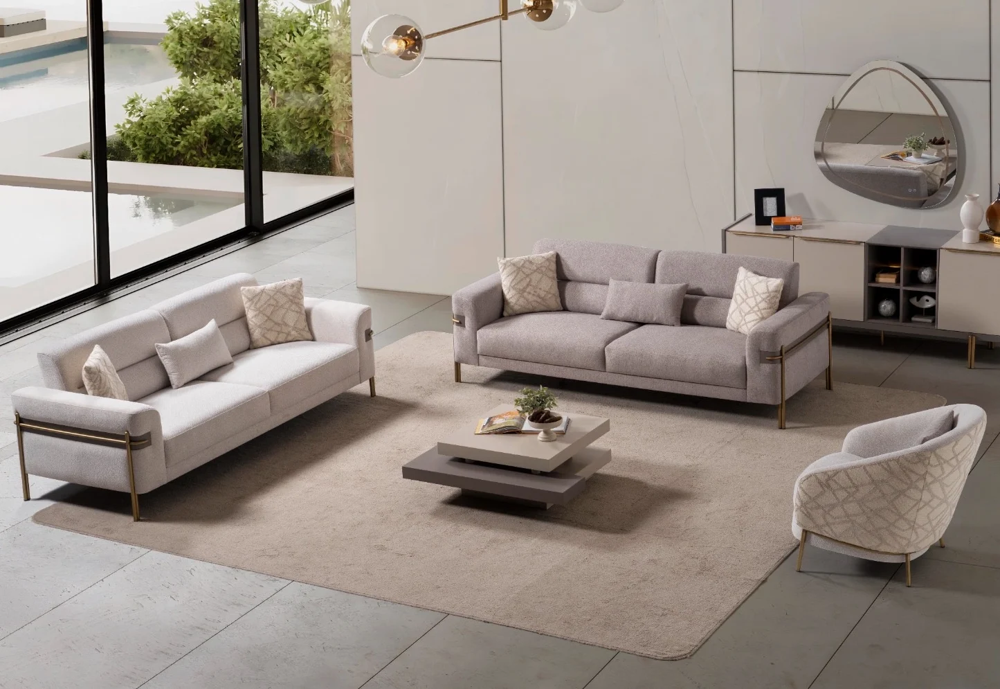 Lina-set-sofa 7 Lina Set Sofa featuring two modern sofas and a rounded accent armchair arranged in a living room.