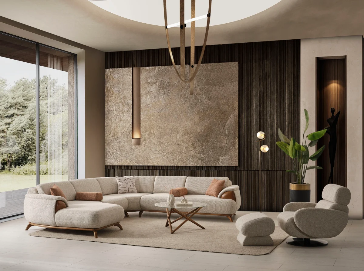 Loria Chaise Corner Sofa – 3 Modules three-piece modern beige sectional sofa featuring an extended chaise lounge, warm wooden arm details, terracotta accent pillows, and dark wooden legs.