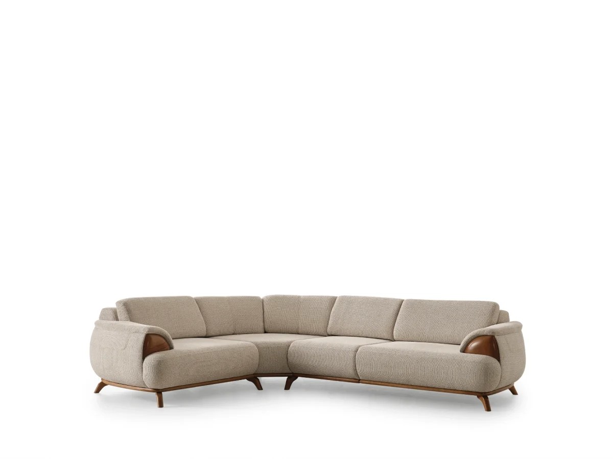 Loria Corner Sofa – 4 Modules four-piece sectional sofa in light beige upholstery featuring wooden armrest details, terracotta bolster cushions, and natural wooden legs.