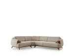 Loria Corner Sofa – 4 Modules four-piece sectional sofa in light beige upholstery featuring wooden armrest details, terracotta bolster cushions, and natural wooden legs.