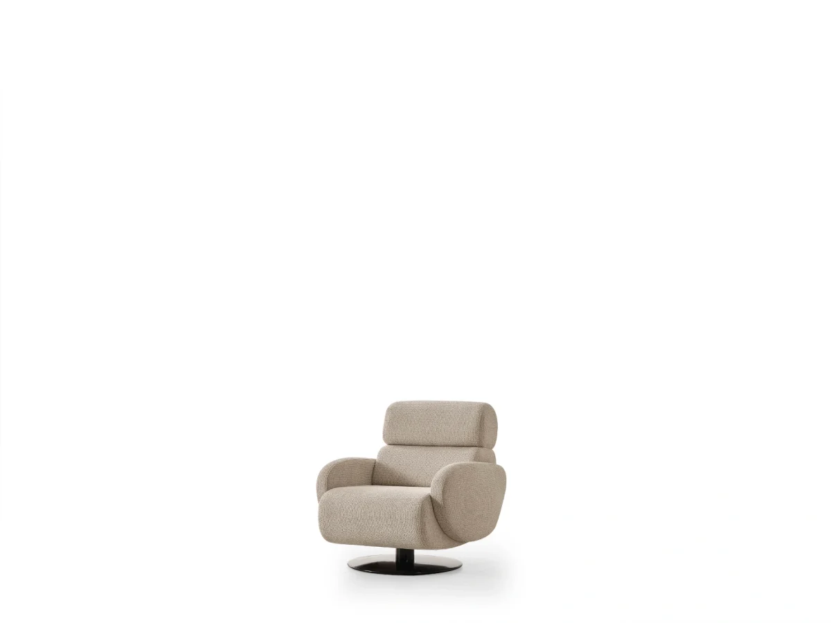 Loria Armchair modern beige swivel armchair featuring textured fabric upholstery, rounded armrests, high back neck support, and a black circular base.