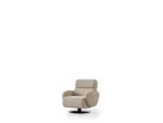 Loria Armchair modern beige swivel armchair featuring textured fabric upholstery, rounded armrests, high back neck support, and a black circular base.