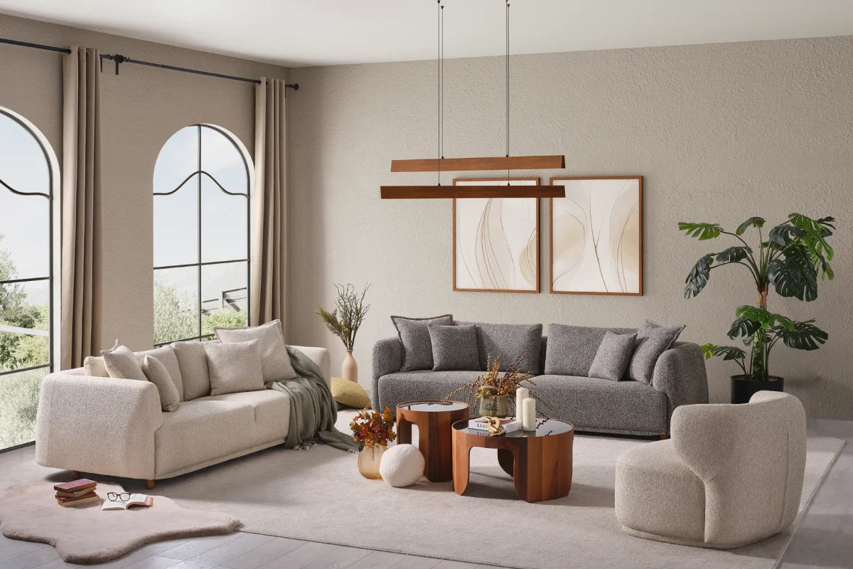 Experience the pinnacle of modern comfort with the Lyra Sofa Set. With its organic curves and highly durable fabric, it's designed for stylish European homes.