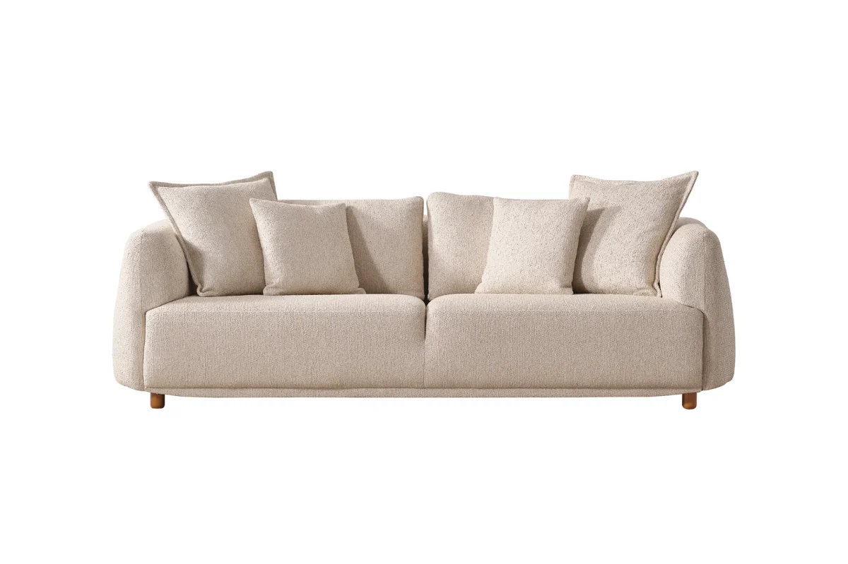 The Lyra Sofa brings "calm luxury" to your home with its premium fabric and soft, cloud-like silhouette. Perfect for modern European living rooms.