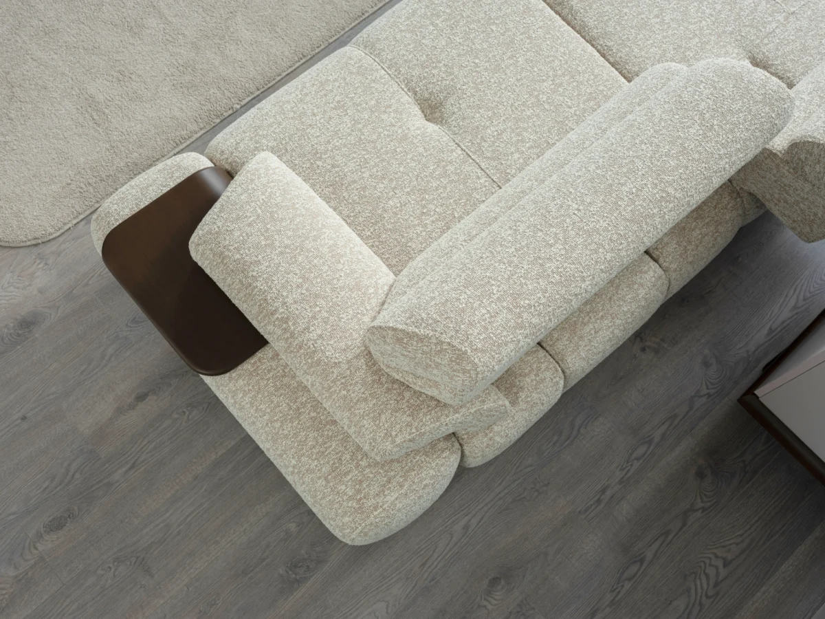 The Maya Sofa combines organic curves with functional luxury. With its fashionable texture and integrated side trays, it's the ultimate statement piece for modern European homes.