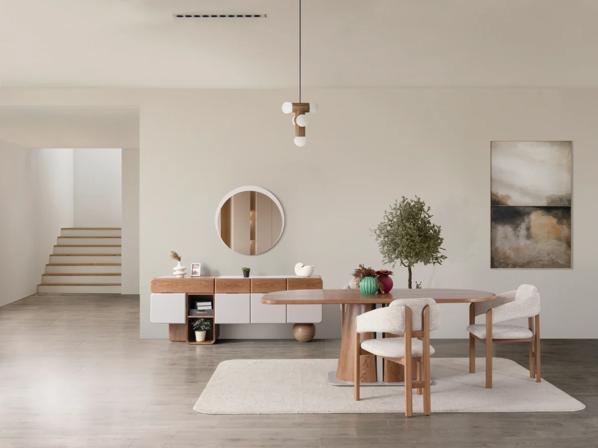 The Milan Dining Table Set is a masterpiece of contemporary craftsmanship. Designed to be the heart of your home, this set includes a stunning dining table with a bold, sculptural pedestal. Its rounded edges create an atmosphere perfect for long meals and meaningful conversations.