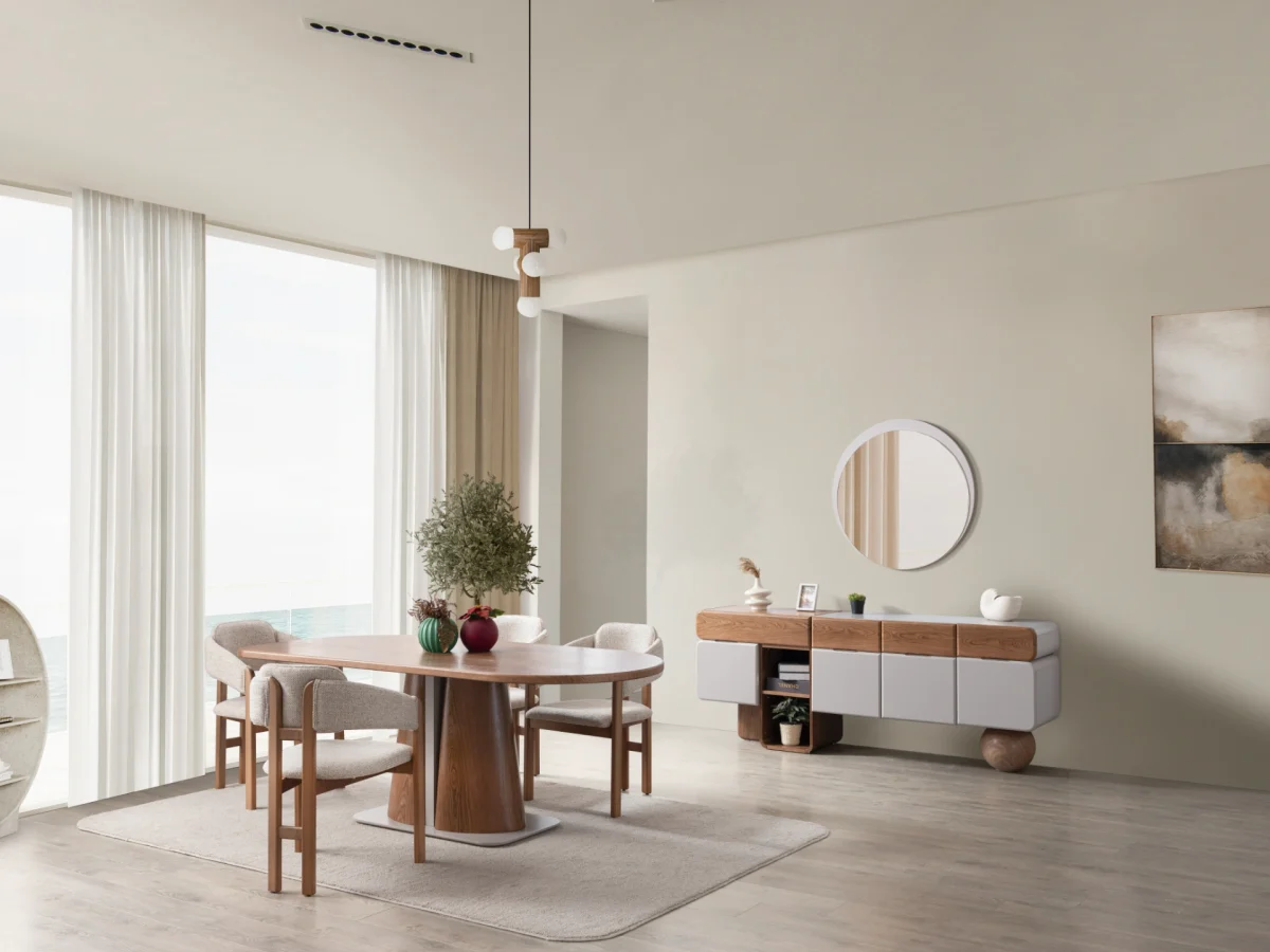 The Milan Dining Table Set is a masterpiece of contemporary craftsmanship. Designed to be the heart of your home, this set includes a stunning dining table with a bold, sculptural pedestal. Its rounded edges create an atmosphere perfect for long meals and meaningful conversations.