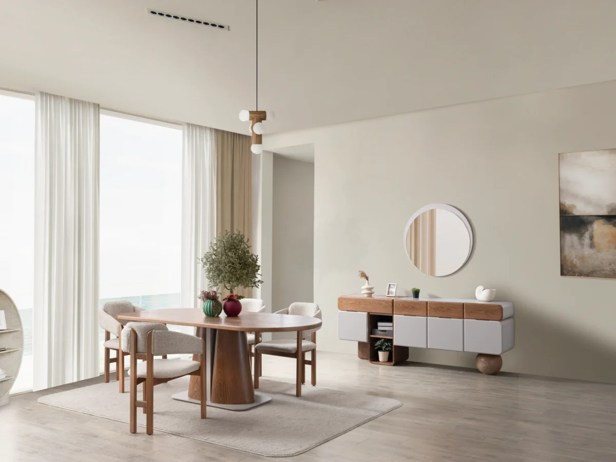 The Milan Dining Table Set is a masterpiece of contemporary craftsmanship. Designed to be the heart of your home, this set includes a stunning dining table with a bold, sculptural pedestal. Its rounded edges create an atmosphere perfect for long meals and meaningful conversations.