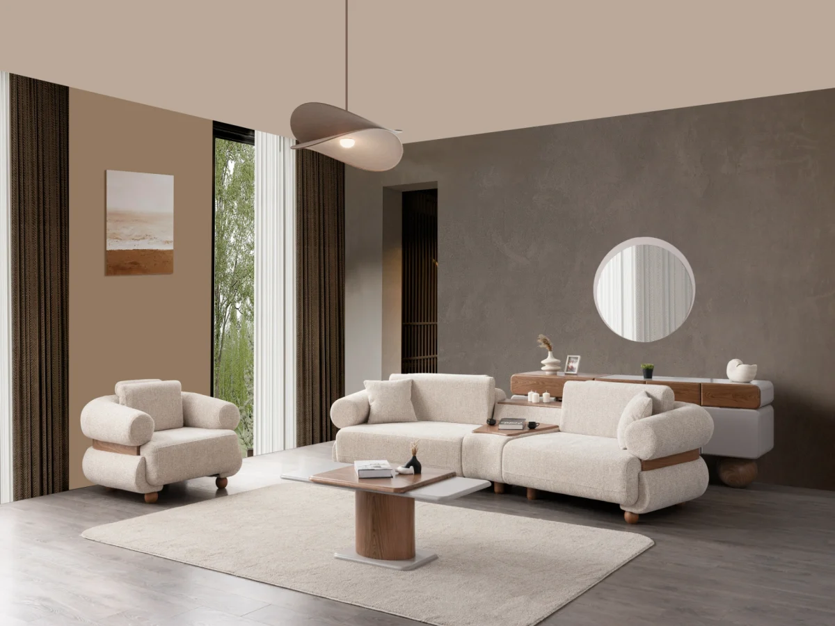 The Milan Sofa Set combines organic curves with elegant fabric textures. This modular masterpiece offers flexible seating arrangements.