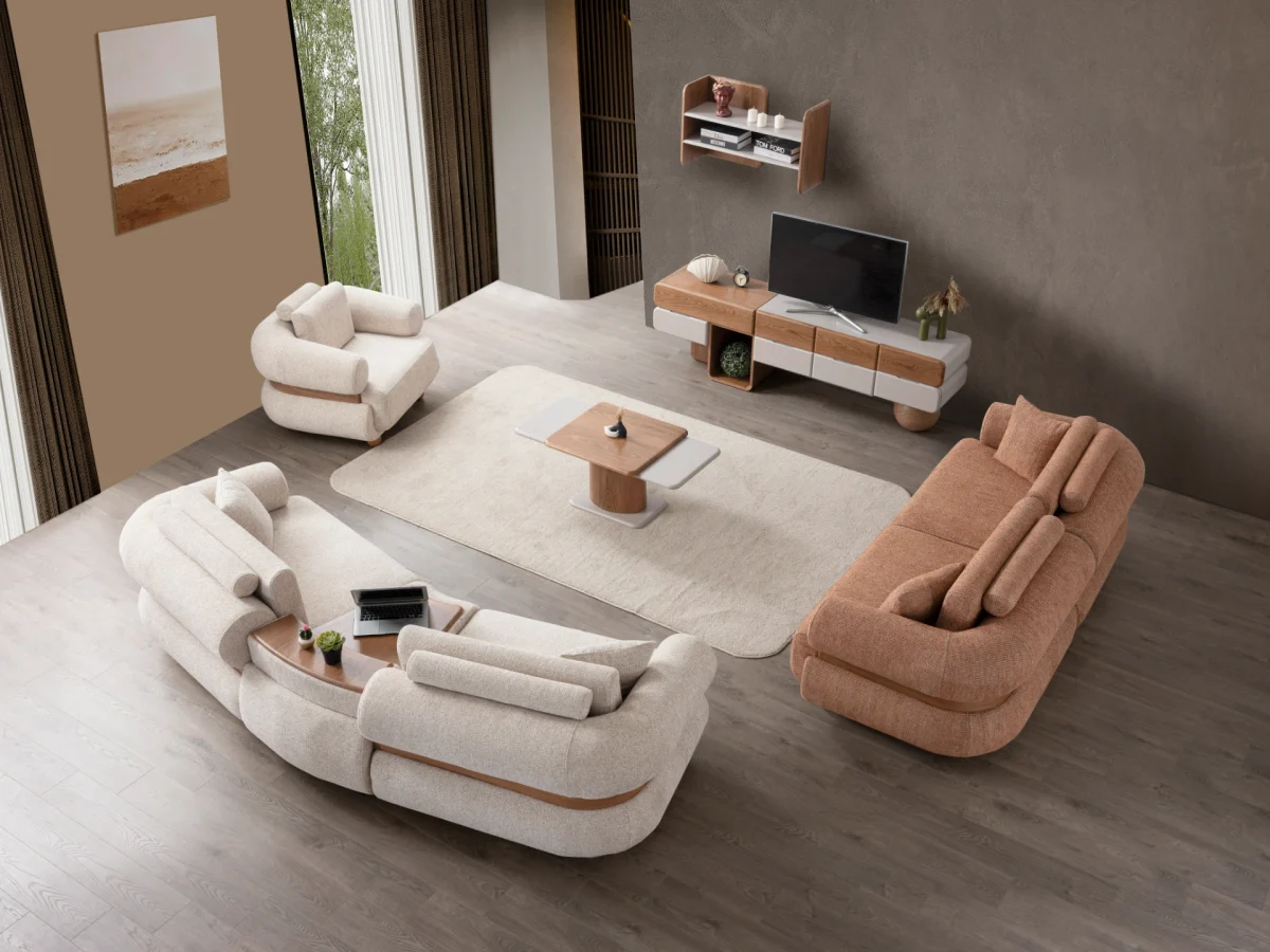 The Milan Sofa Set combines organic curves with elegant fabric textures. This modular masterpiece offers flexible seating arrangements.