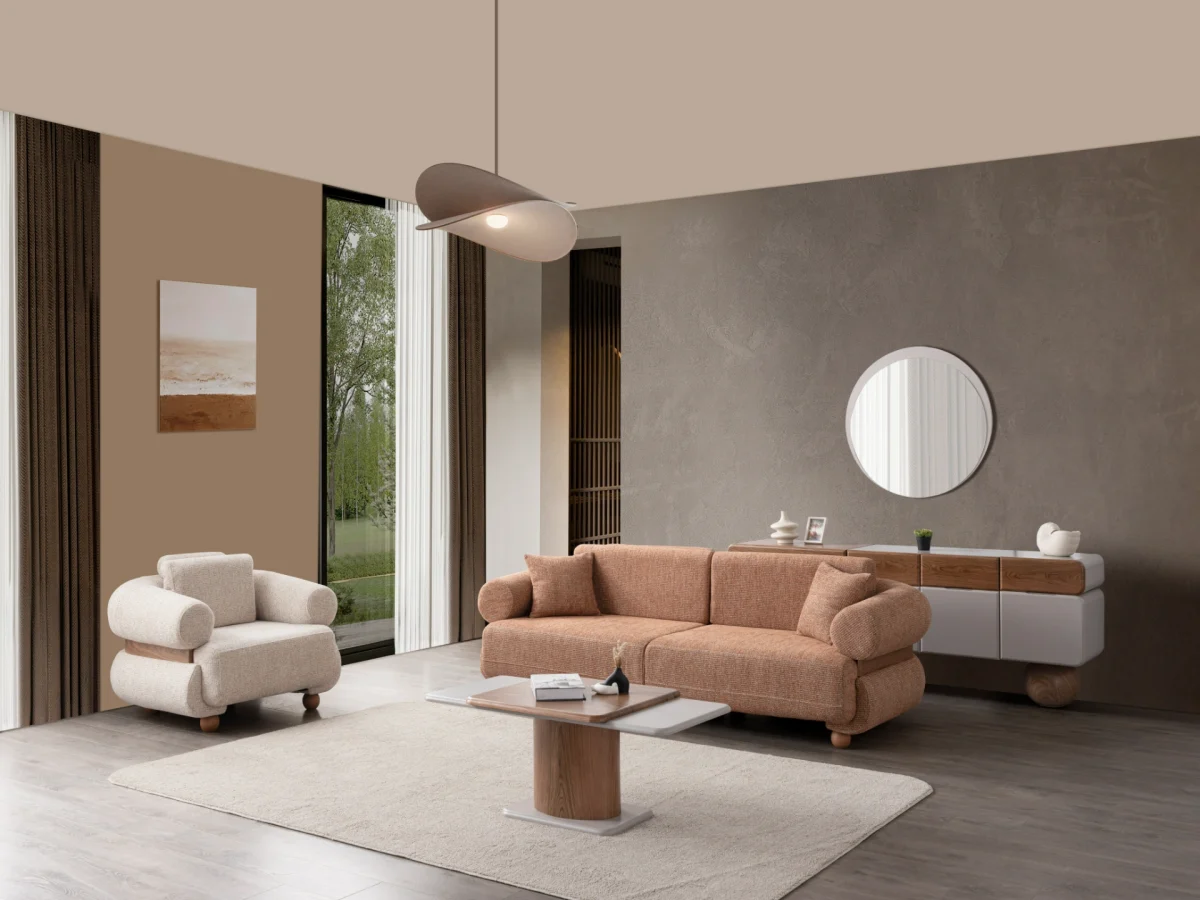 The Milan Sofa Set combines organic curves with elegant fabric textures. This modular masterpiece offers flexible seating arrangements.