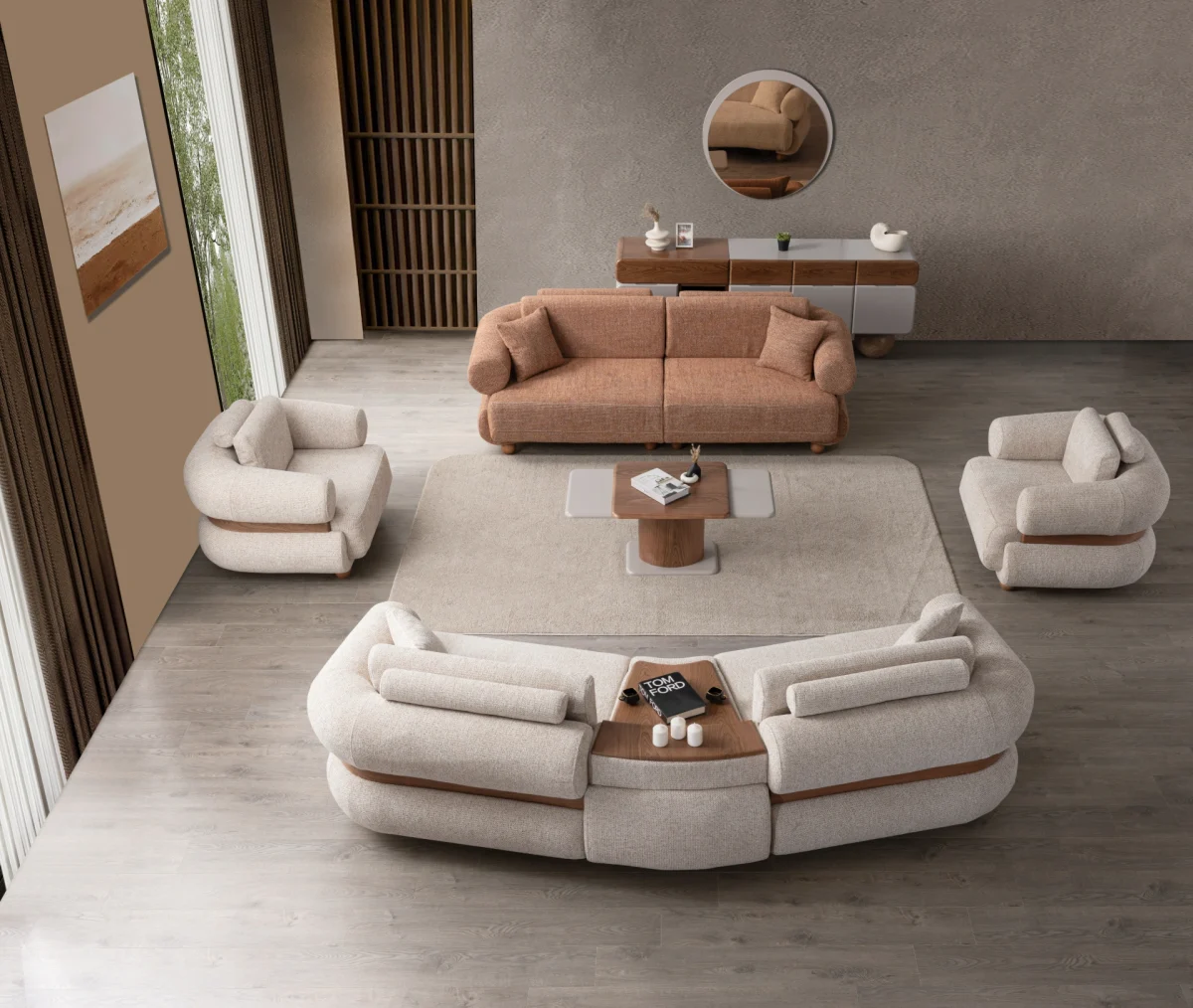 The Milan Sofa Set combines organic curves with elegant fabric textures. This modular masterpiece offers flexible seating arrangements.