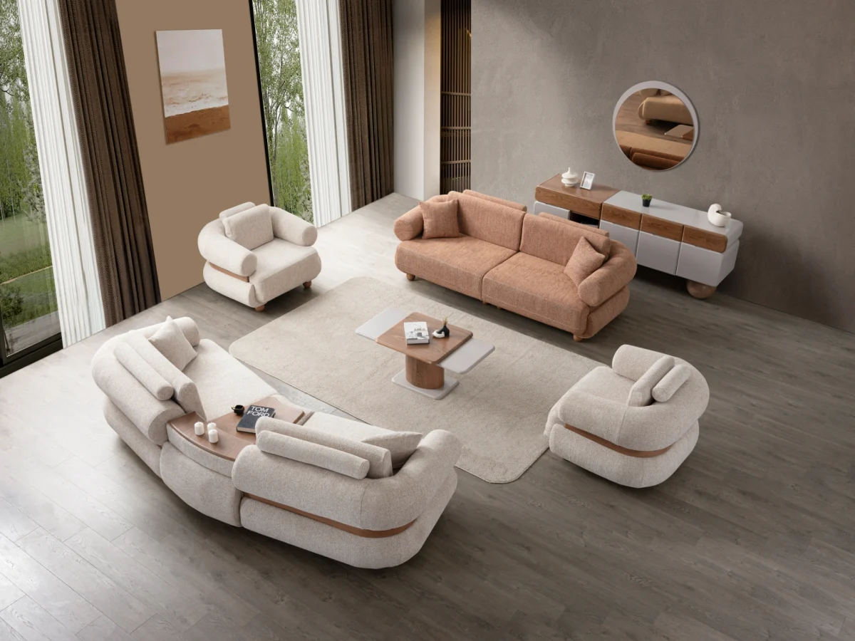 The Milan Sofa Set combines organic curves with elegant fabric textures. This modular masterpiece offers flexible seating arrangements.