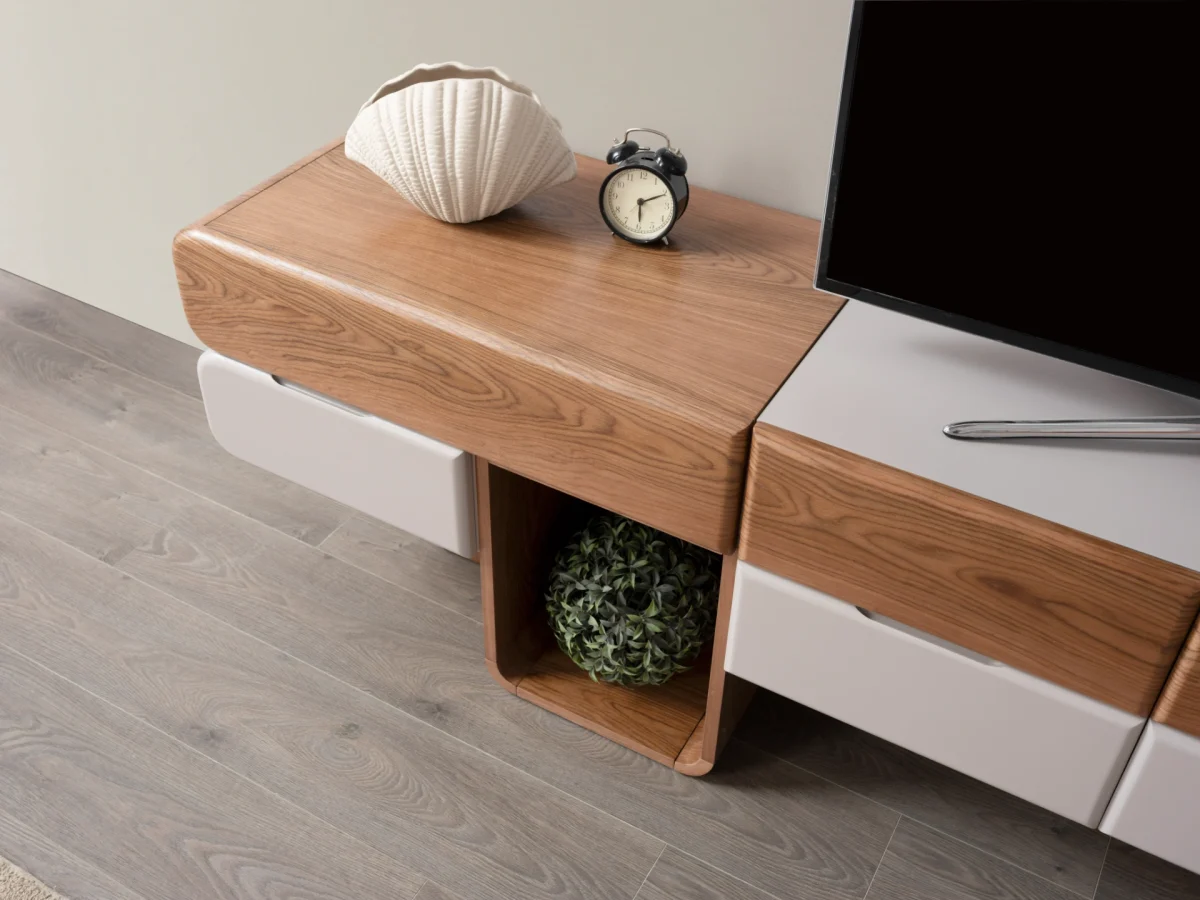 The Milan Modern TV Console Unit is designed for those who appreciate the beauty of contemporary minimalism. Reflecting the organic curves and refined materials found in the Milan collection, this piece serves as the perfect focal point for your living room.