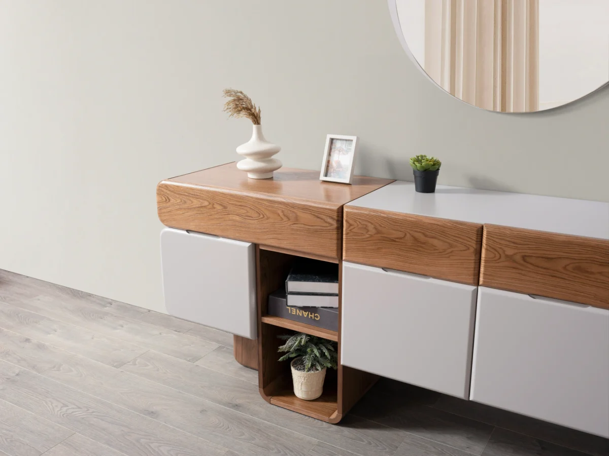 The Milan Modern TV Console Unit is designed for those who appreciate the beauty of contemporary minimalism. Reflecting the organic curves and refined materials found in the Milan collection, this piece serves as the perfect focal point for your living room.