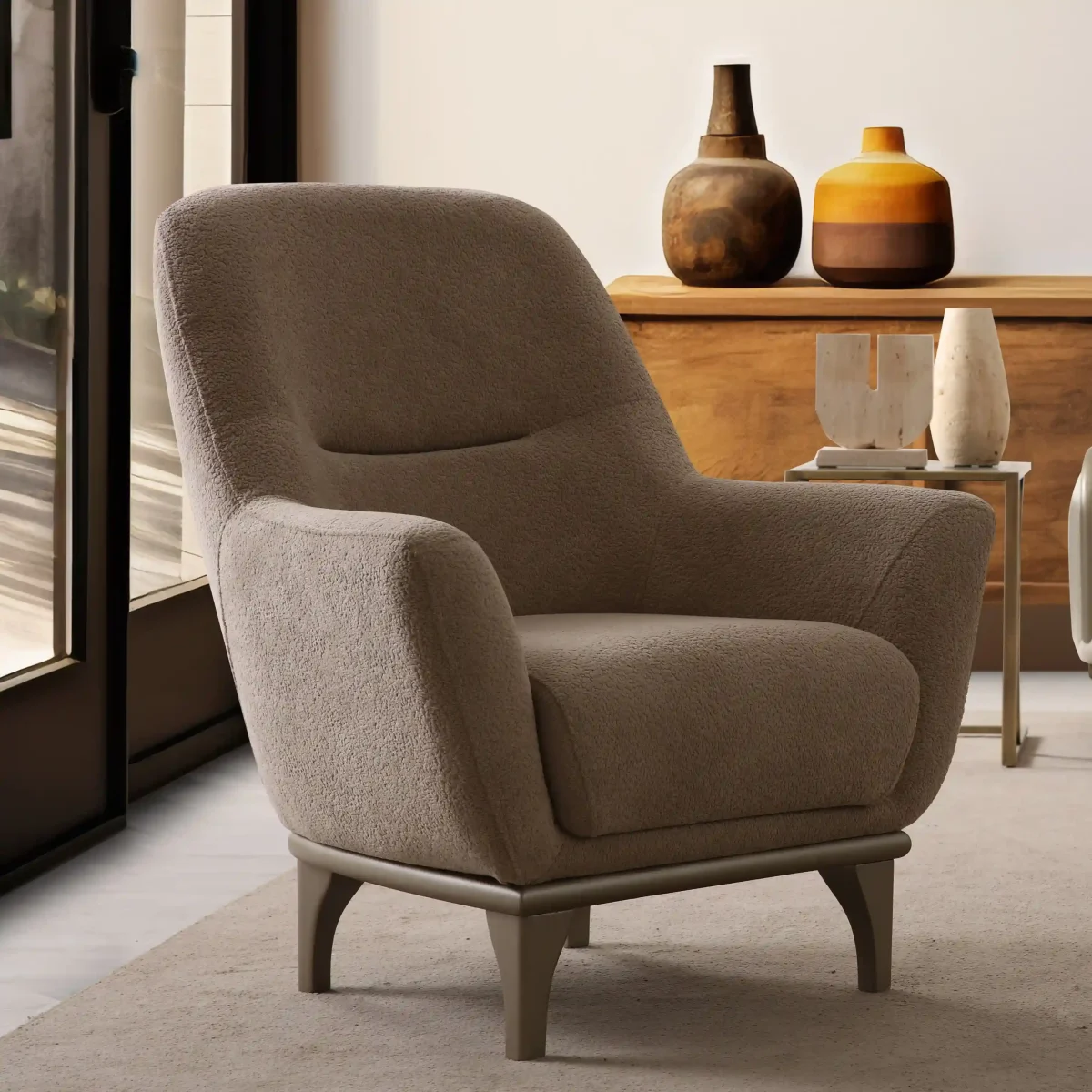 A prestigious Nadora Armchair Set arranged in a grand, high-ceiling living room, reflecting a luxurious and sophisticated lifestyle.