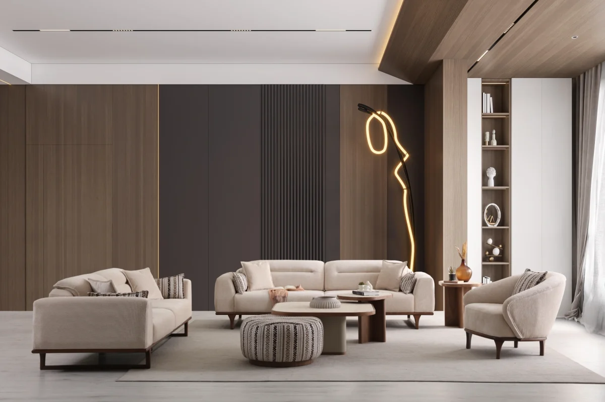 Elevate your living space with the Noa Sofa Set, a masterpiece of contemporary furniture design that balances bold aesthetics with cloud-like comfort.