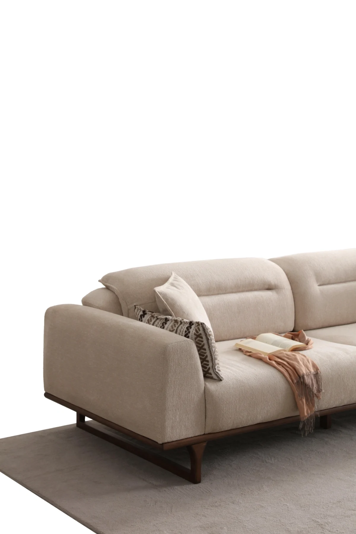 The Noa Sofa is a masterpiece of contemporary Turkish craftsmanship, designed exclusively for distinguished European homes. Its fluid, organic silhouette is upholstered in high-quality fabric that invites you to relax. This sofa is more than just a piece of furniture; it's a style statement that adds an airy, modern feel to any living space.
