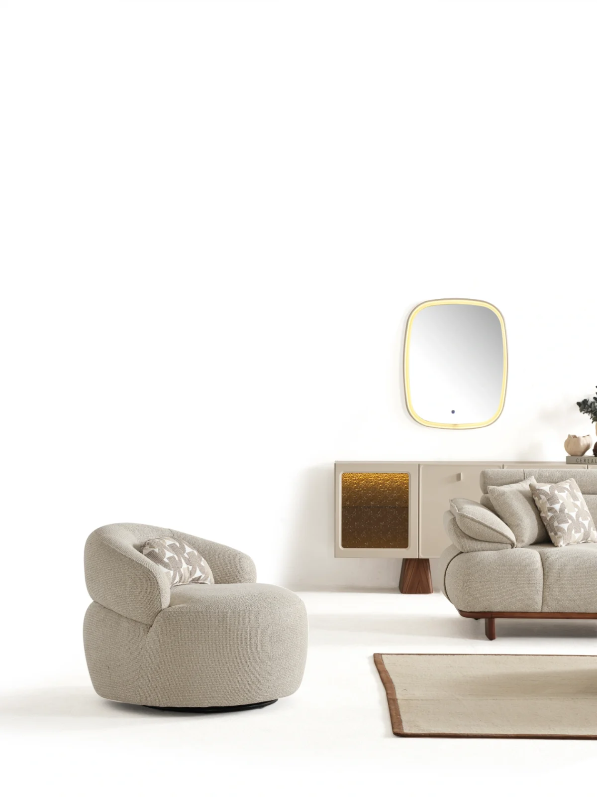 The Nola Armchair is the ultimate design piece for modern interiors. Its soft texture offers the perfect blend of luxury and comfort.