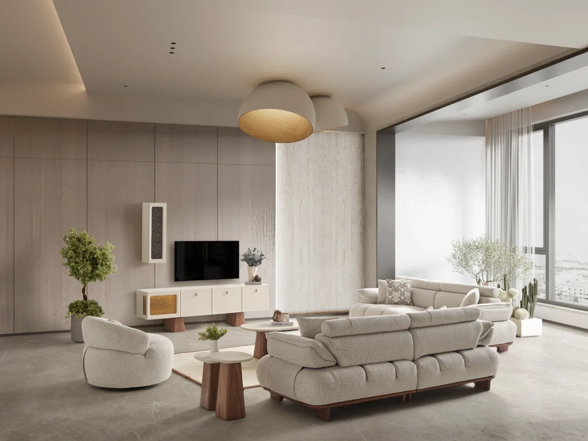 Experience comfort with the Nola Sofa Set. Its elegant fabric and curved silhouette offer a perfect blend of modern aesthetics and comfortable living.