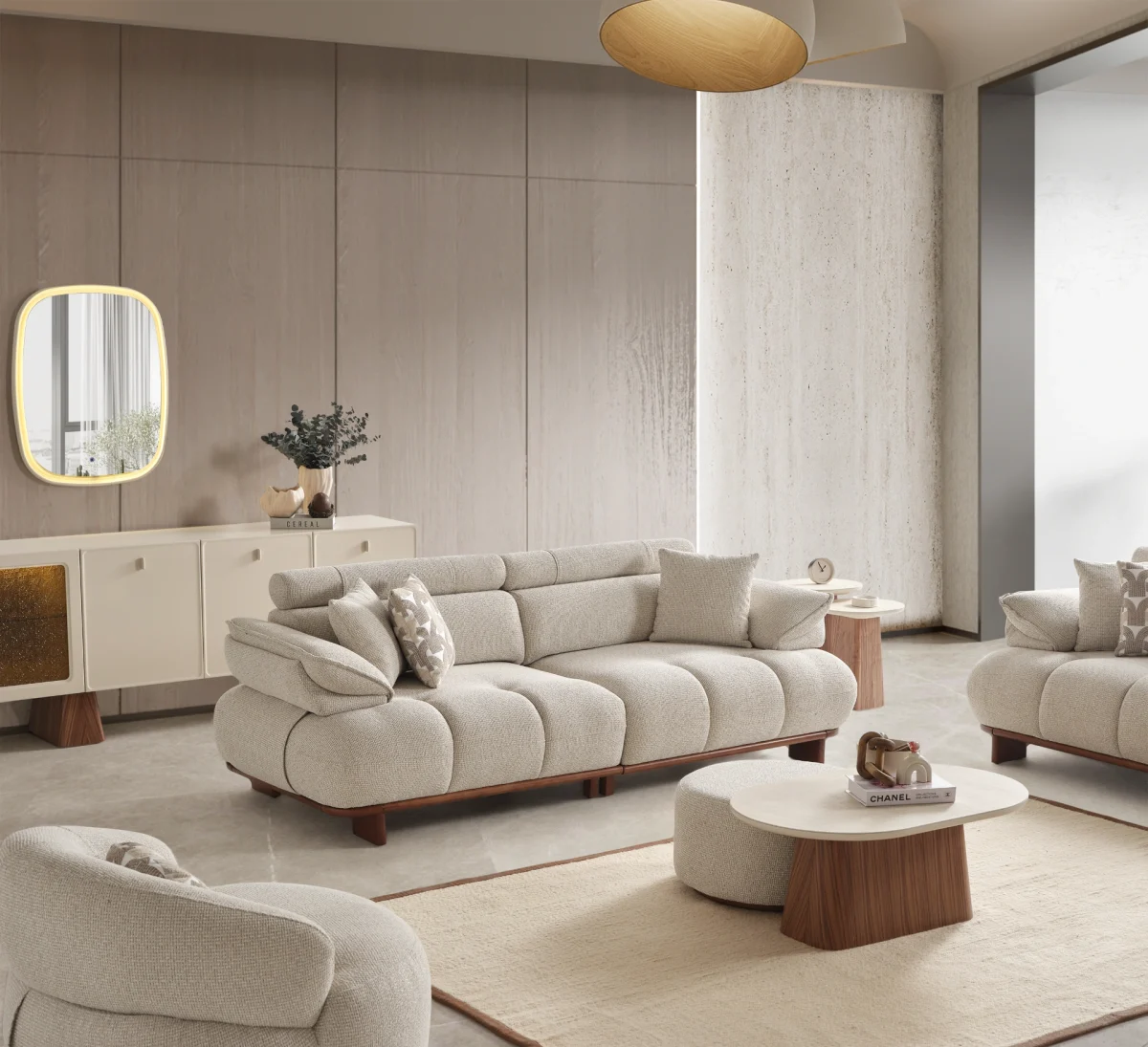 Experience comfort with the Nola Sofa Set. Its elegant fabric and curved silhouette offer a perfect blend of modern aesthetics and comfortable living.