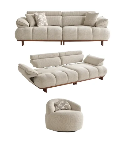 Experience comfort with the Nola Sofa Set. Its elegant fabric and curved silhouette offer a perfect blend of modern aesthetics and comfortable living.