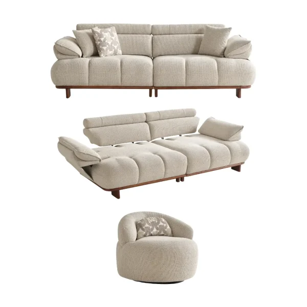 Experience comfort with the Nola Sofa Set. Its elegant fabric and curved silhouette offer a perfect blend of modern aesthetics and comfortable living.