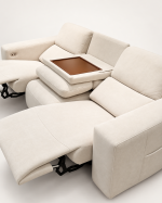 A modern three-seater power recliner sofa featuring plush double-pillow backrest cushions, wide upholstered armrests with side storage pockets, and soft textured fabric upholstery in a neutral setting.