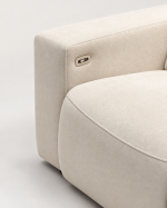 A modern three-seater power recliner sofa featuring plush double-pillow backrest cushions, wide upholstered armrests with side storage pockets, and soft textured fabric upholstery in a neutral setting.