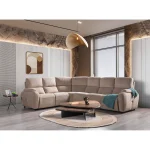 A spacious L-shaped sectional sofa featuring high back support cushions, smooth recliner functions, soft rounded armrests, and premium neutral textured upholstery set in an architectural living room.