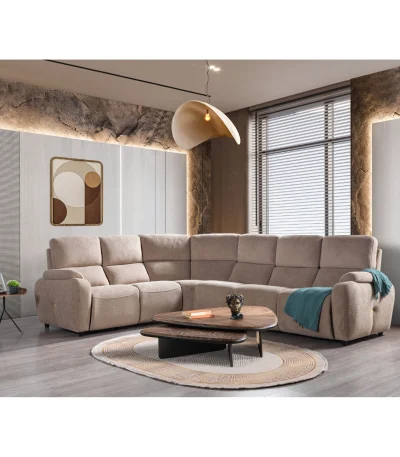 A spacious L-shaped sectional sofa featuring high back support cushions, smooth recliner functions, soft rounded armrests, and premium neutral textured upholstery set in an architectural living room.