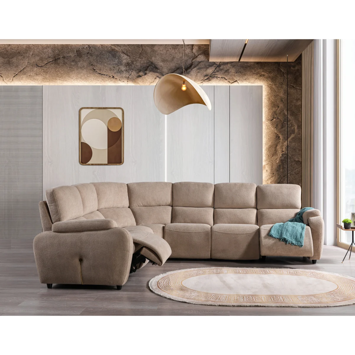 A spacious L-shaped sectional sofa featuring high back support cushions, smooth recliner functions, soft rounded armrests, and premium neutral textured upholstery set in an architectural living room.