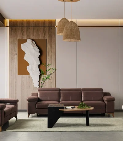 A modern multi-seater recliner sofa featuring adjustable headrests, extendable footrests, wide plush armrests, and a rich textured leatherette finish in a contemporary living room setting.