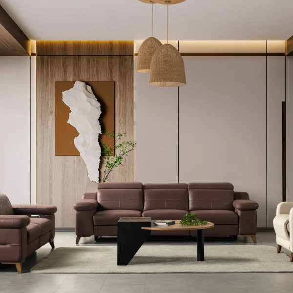 A modern multi-seater recliner sofa featuring adjustable headrests, extendable footrests, wide plush armrests, and a rich textured leatherette finish in a contemporary living room setting.