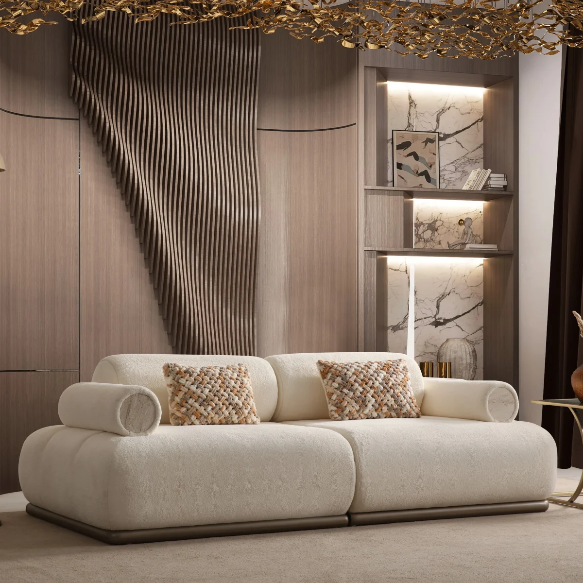 The Rumi Sofa in a sophisticated, contemporary interior with dark paneled walls and warm lighting, creating an atmosphere of deep harmony and artistic tranquility.