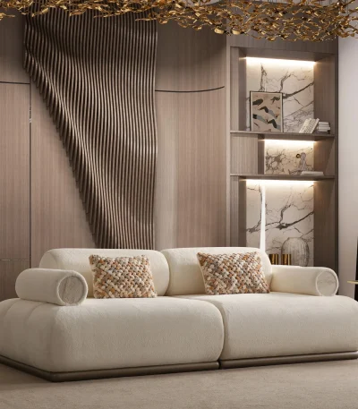 The Rumi Sofa in a sophisticated, contemporary interior with dark paneled walls and warm lighting, creating an atmosphere of deep harmony and artistic tranquility.