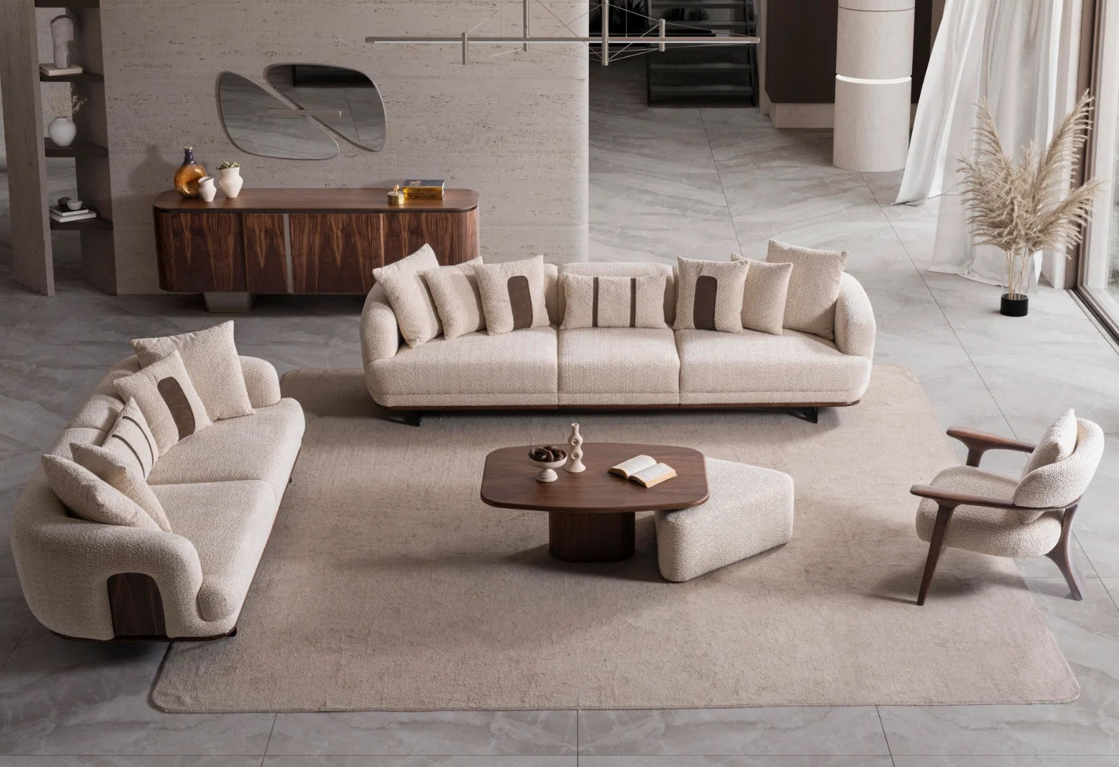 Sola-set-sofa 1 Sola Sofa Set featuring two curved modern sofas and a matching armchair arranged around a coffee table in a spacious living room.