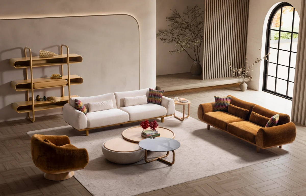 The Thalia Sofa Set redefines modern elegance with its fluid, organic silhouette and tactile fabric. A masterpiece of comfort designed for sophisticated homes.