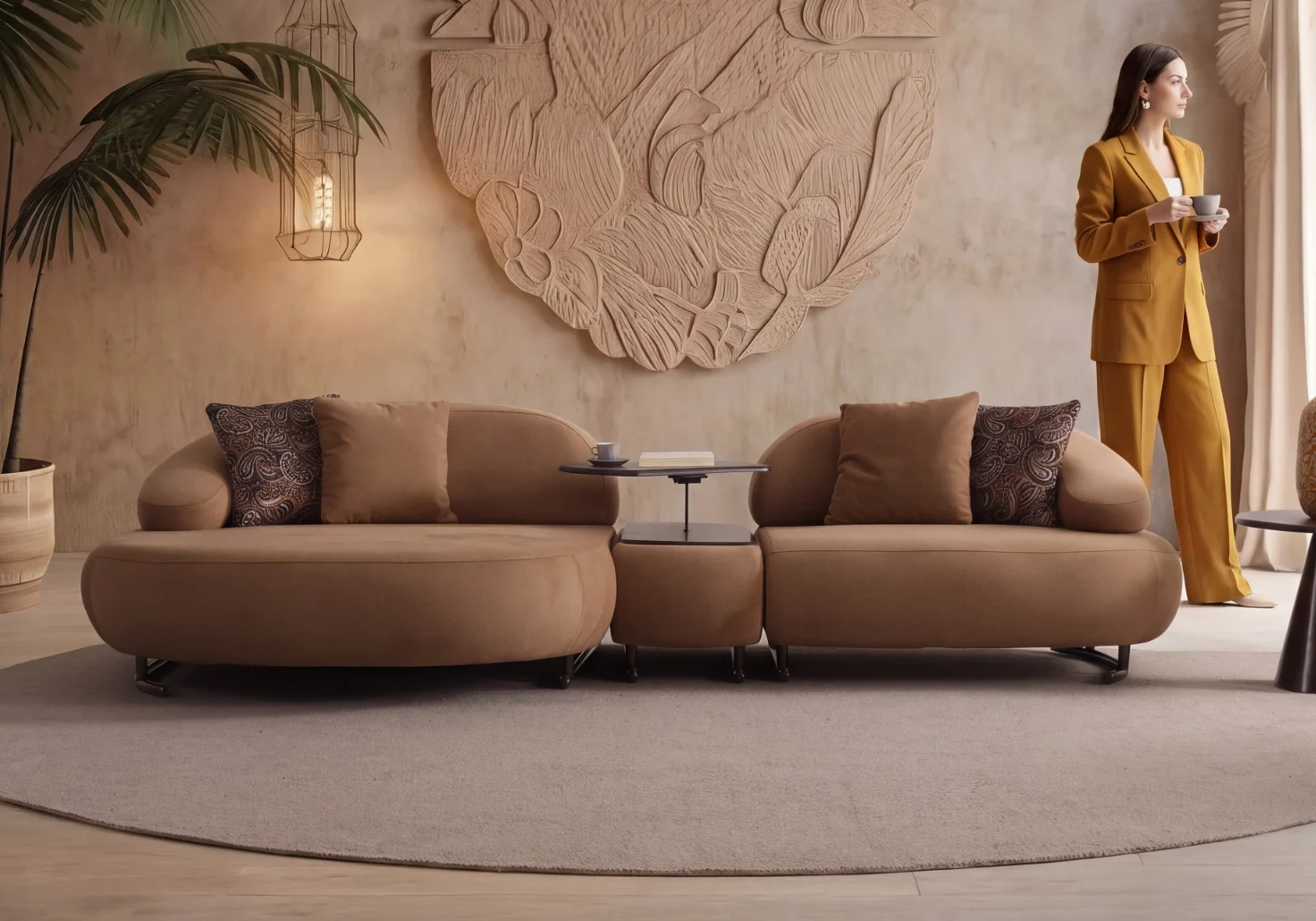 Tolia Corner Sofa 10 Tolia Chaise Corner Sofa – 3 Module (Wooden Middle Module) featuring soft beige seating units, a central wooden console table, and comfortable throw cushions in a warm interior design setup.
