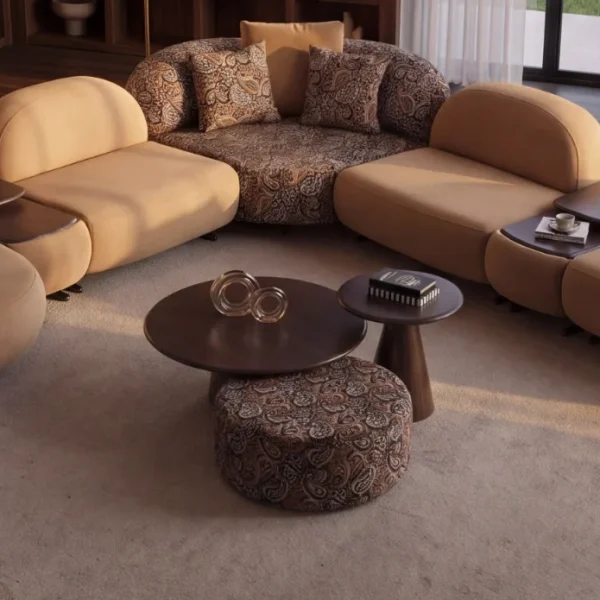 Tolia Corner Sofa sprawling curved modular sectional sofa featuring beige seating units, patterned corner module, and integrated wooden side tables in a luxury room setting.