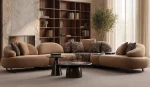 Tolia Corner Sofa - 4 Modules five-piece modular curved corner sofa featuring warm beige seating, patterned accent cushions, and an integrated wooden console table.