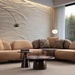 Tolia Corner Sofa - 4 Modules four-piece modular curved corner sofa in warm beige upholstery, featuring patterned accent pillows and a distinct corner module set against a modern wall.