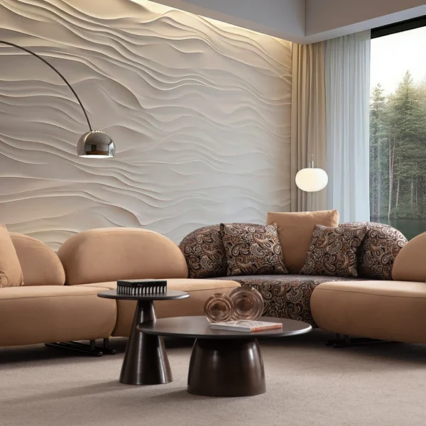 Tolia Corner Sofa - 4 Modules four-piece modular curved corner sofa in warm beige upholstery, featuring patterned accent pillows and a distinct corner module set against a modern wall.