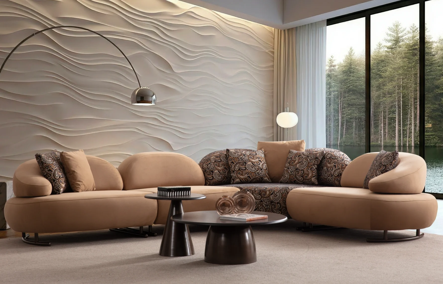 Tolia Corner Sofa 9 Tolia Corner Sofa - 4 Modules four-piece modular curved corner sofa in warm beige upholstery, featuring patterned accent pillows and a distinct corner module set against a modern wall.
