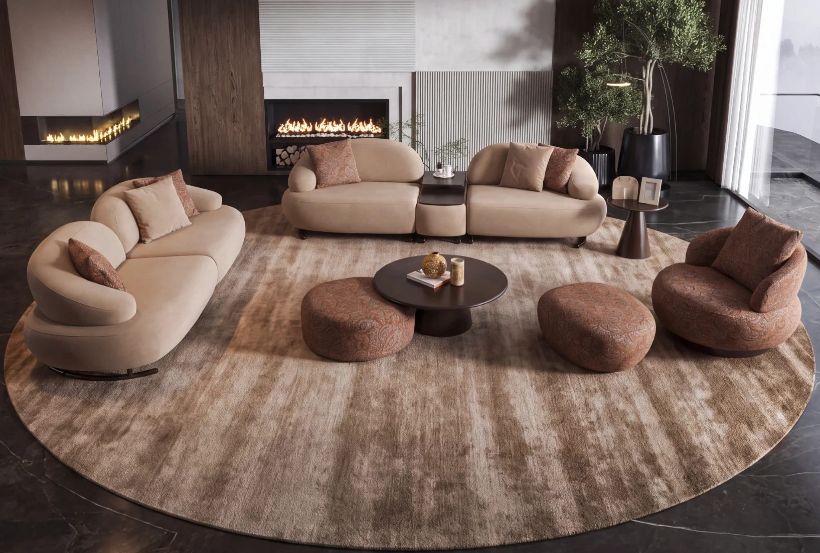 Tolia Sofa Set 6 Tolia Sofa Set featuring a modular curved sofa, sculptural armchair, matching ottomans, and coffee tables arranged on a large round patterned rug in a modern living room.