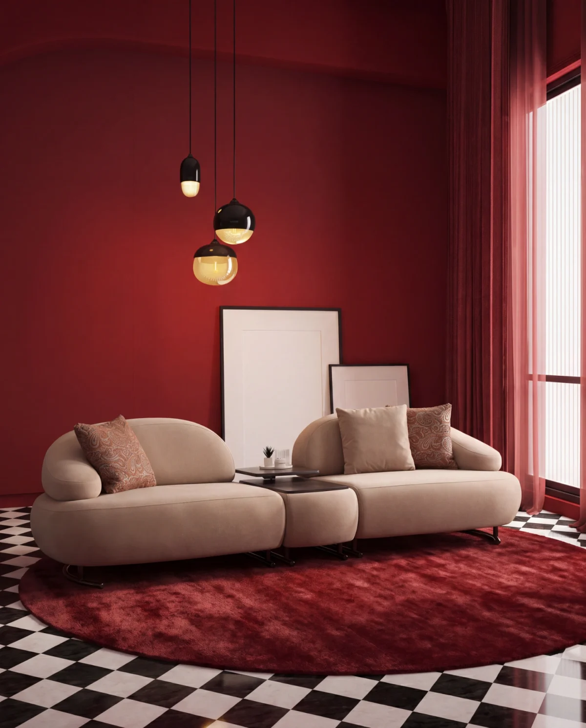 Tolia Sofa (With Mid. Wooden Module) modular beige sofa featuring organic curved seats and an integrated central wooden console table.