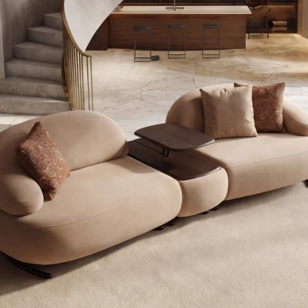 Tolia Sofa (With Mid. Wooden Module) modular beige sofa featuring organic curved seats and an integrated central wooden console table.