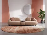 Tolia Sofa (with Mid. Wooden Module) modular beige sofa featuring organic curved seats and an integrated central wooden console table.