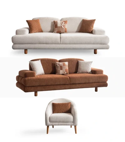 A harmonized Troyas sofa set showcasing a visual dialogue between warm terracotta and ivory tones, featuring matching organic curved silhouettes in a luxury contemporary setting – SofaTurkey.