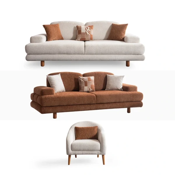 A harmonized Troyas sofa set showcasing a visual dialogue between warm terracotta and ivory tones, featuring matching organic curved silhouettes in a luxury contemporary setting – SofaTurkey.